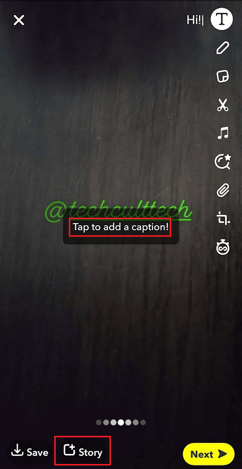 Aggiungi la didascalia desiderata e tocca Storia dalla parte inferiore dello schermo | Come ripubblicare i video di Instagram su Snapchat Story