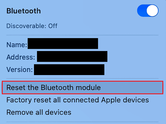 haga clic en la opción Restablecer el módulo Bluetooth