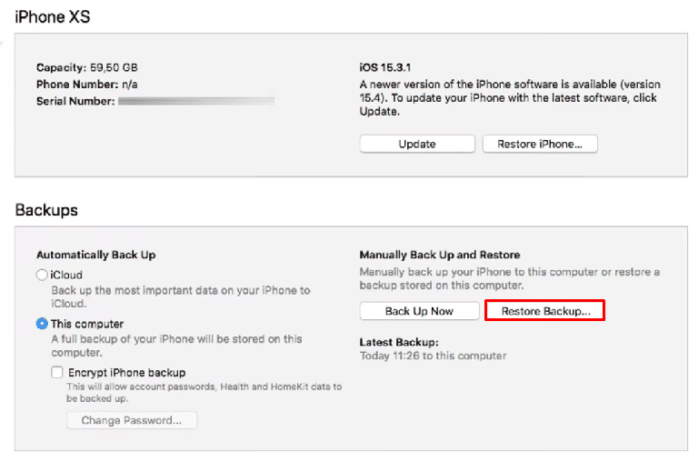الآن ضمن قائمة الجهاز ، انقر فوق خيار استعادة النسخ الاحتياطي ثم حدد نسخة احتياطية سابقة تريد استعادتها. | كيفية إصلاح iPhone XR عالق على شعار Apple