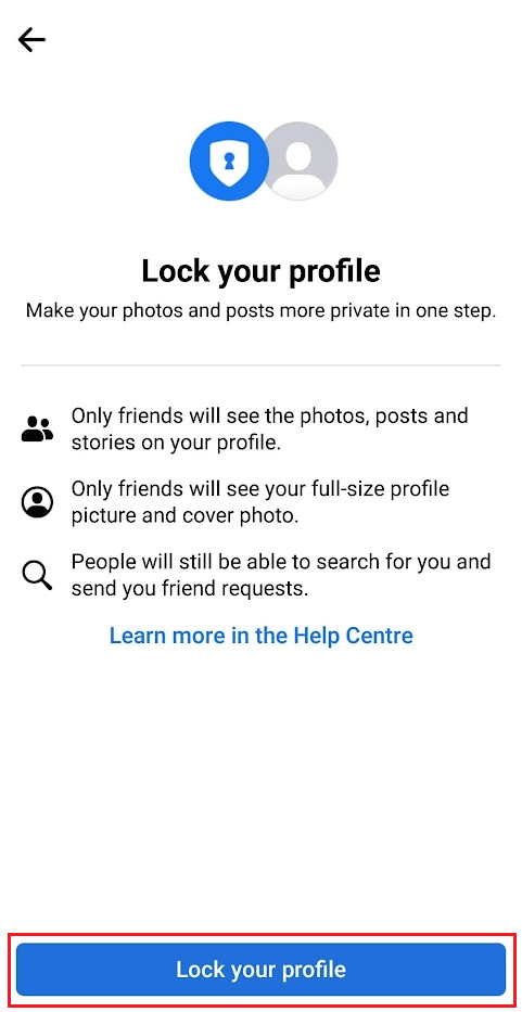atingeți Blocați-vă profilul din ecranul de confirmare pentru a vă bloca imediat profilul FB