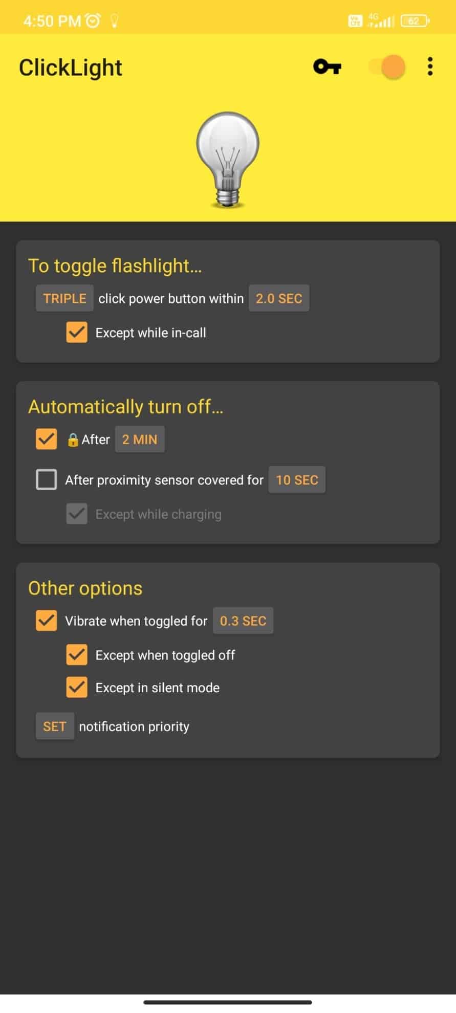 Uygulamayı açın ve ayarları gerektiği gibi özelleştirin. Droid Turbo'da El Feneri Nasıl Açılır
