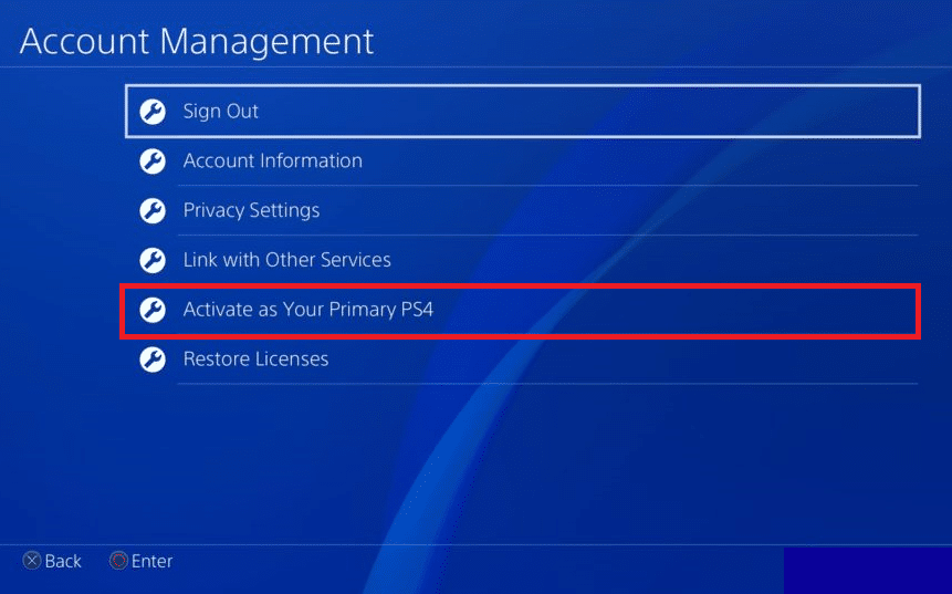 เลือกตัวเลือกเปิดใช้งาน PS4 หลักของคุณ |