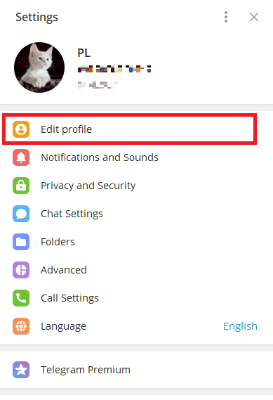klicken Sie auf Profil bearbeiten. So fügen Sie ein Telegram-Profilbild hinzu, ändern und löschen es