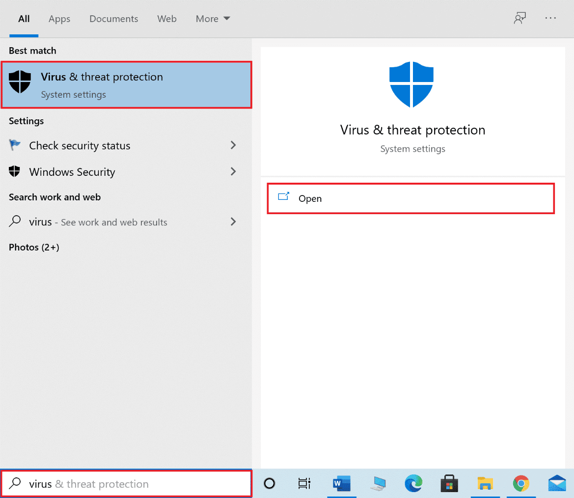 Geben Sie Viren- und Bedrohungsschutz in die Windows-Suchleiste ein und klicken Sie auf Öffnen