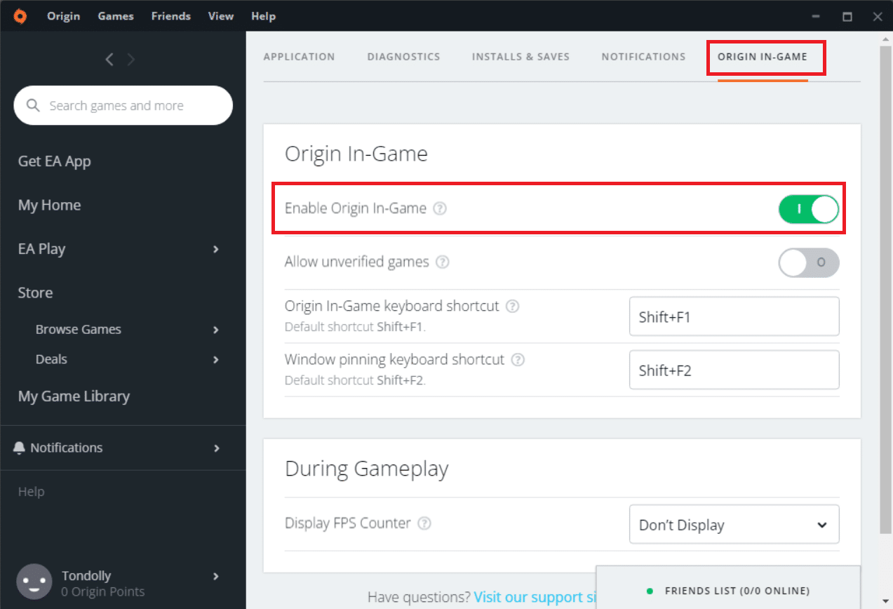 ORIGIN IN-GAME 아래에서 Enable Origin In-Game 토글을 켭니다.