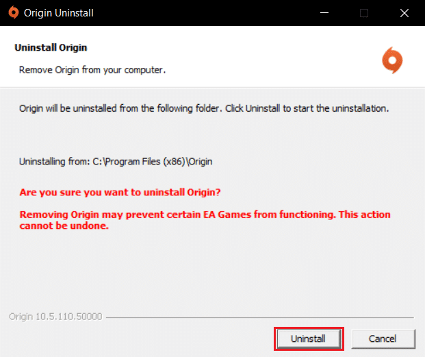 cliquez sur le bouton Désinstaller dans l'assistant de désinstallation d'Origin