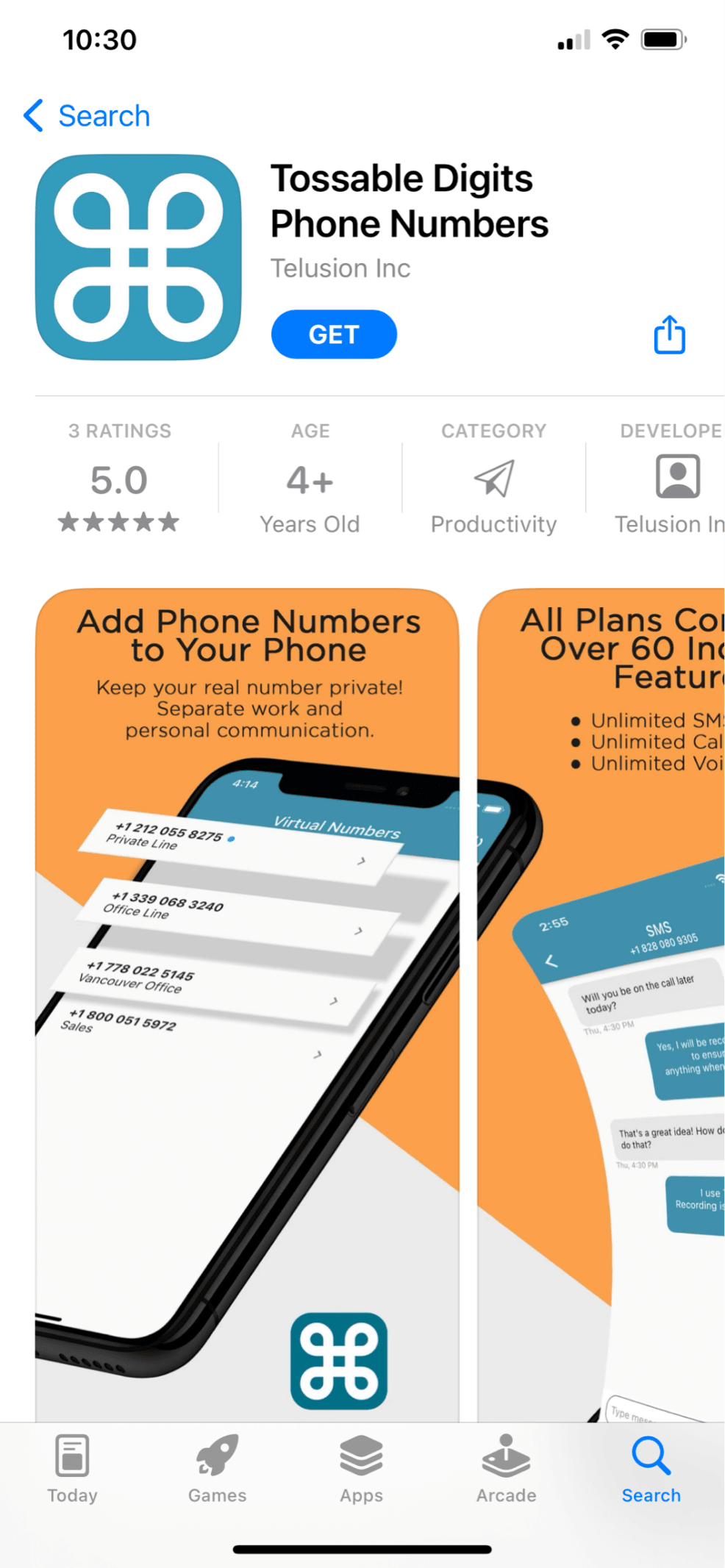 Tossable Digits Numéros de téléphone App Store