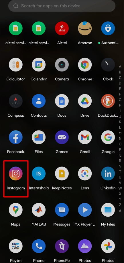 Selecione o aplicativo Instagram na gaveta de aplicativos do Android