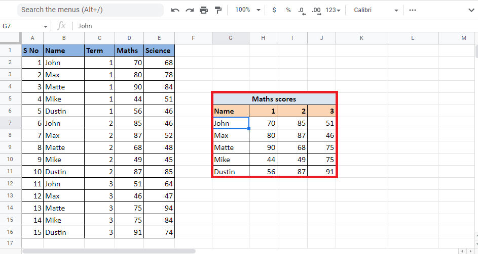 Arrastre la esquina de la celda para obtener el resultado en toda la tabla | Cómo VLOOKUP Múltiples Criterios y Columnas en Hojas de cálculo de Google