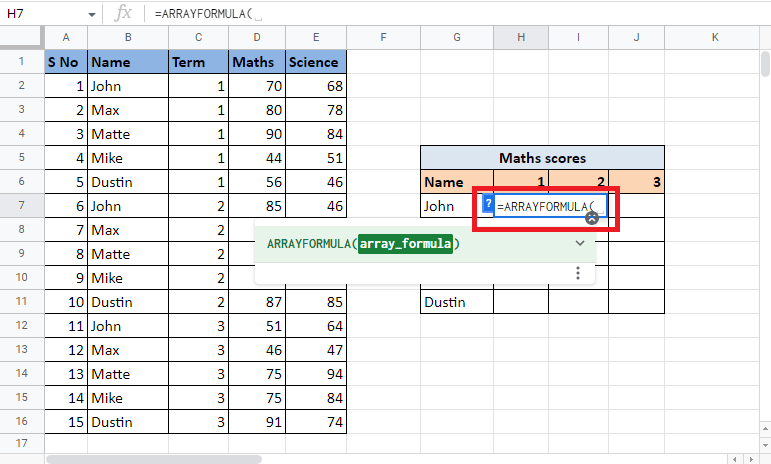 首先在所需的單元格中鍵入 =ARRAY FORMULA