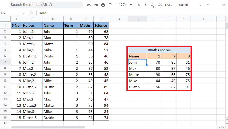 Arrastra la esquina de la celda y aplica la fórmula para completar la tabla | Cómo VLOOKUP Múltiples Criterios y Columnas en Hojas de cálculo de Google