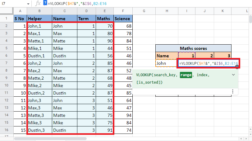 다음 구문 범위로 이동하려면 쉼표(,)를 추가합니다. VLOOKUP 값을 찾는 데 필요한 값이 포함된 열을 선택합니다.