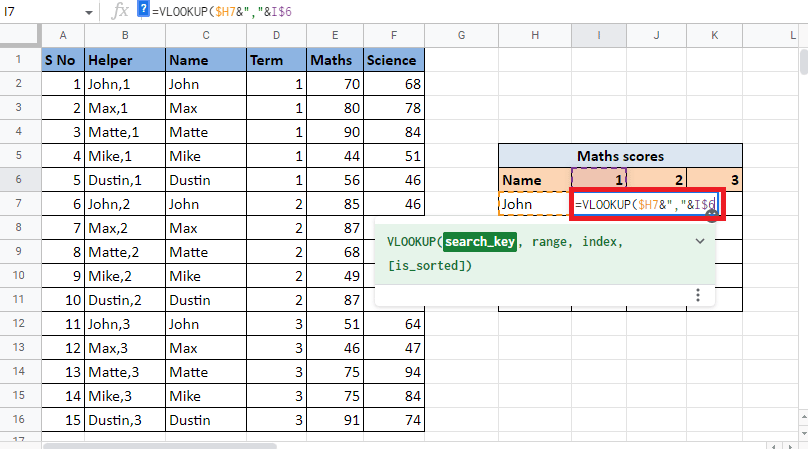 Ingrese la clave_búsqueda que es la celda de referencia H7 e I6 agregando ampersand y separador. Bloquee la celda y la columna respectivas presionando la tecla F4 | Cómo VLOOKUP Múltiples Criterios y Columnas en Hojas de cálculo de Google