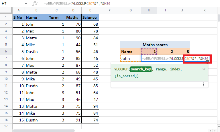 Seleccione y bloquee las celdas de referencia que son G7 y H6 presionando la tecla F4. Sepárelos usando un ampersand y un separador | Cómo VLOOKUP Múltiples Criterios y Columnas en Hojas de cálculo de Google