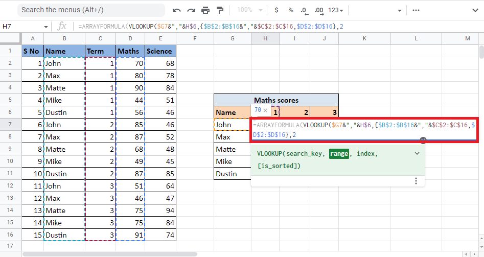 Escriba el valor de índice de la columna que le dará el valor objetivo. Aquí, escribiremos 2 para obtener los valores de la columna Matemáticas