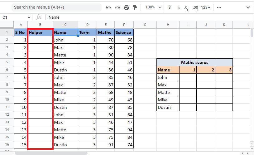 通過右鍵單擊同一列的列標題並單擊左側的 Insert 1 column，將 helper 列左側插入到 Name 列