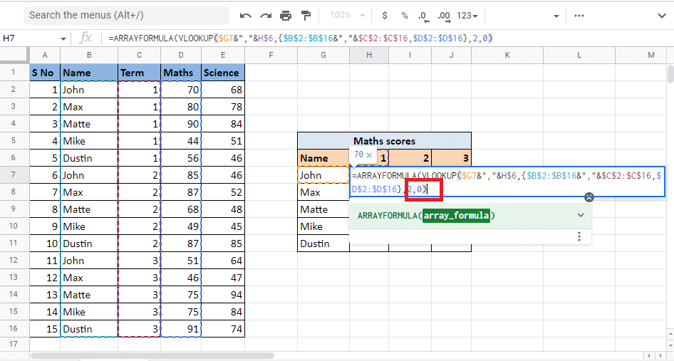 Adăugați virgulă (,) și tastați 0 pentru a obține potrivirea exactă, urmată de închiderea parantezei pentru a închide formula VLOOKUP | Cum să CĂUTAȚI mai multe criterii și coloane în Foi de calcul Google