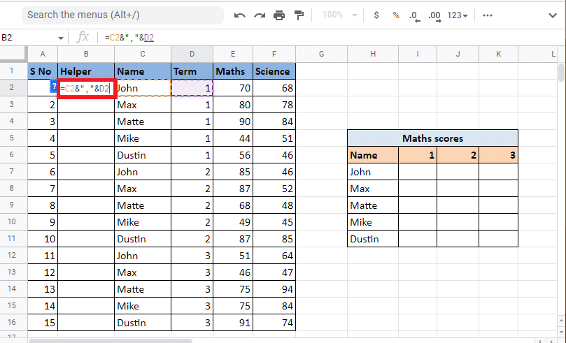 În prima celulă a coloanei de ajutor tastați formula =C2&”,”&D2 pentru a combina celulele | Cum să CĂUTAȚI mai multe criterii și coloane în Foi de calcul Google