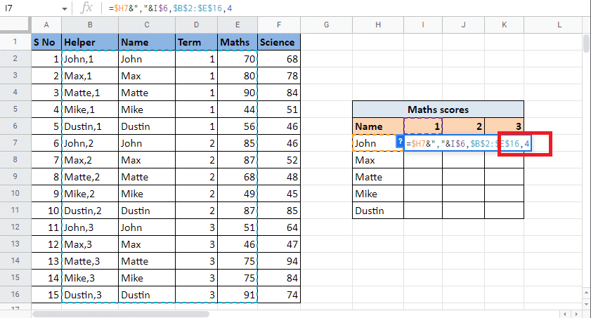 Dalam argumen indeks, ketikkan nomor kolom yang memberi Anda nilai target. Dalam hal ini, itu adalah kolom ke-4. Ketik 4 pada nilai indeks | Cara VLOOKUP Banyak Kriteria dan Kolom di Google Sheets