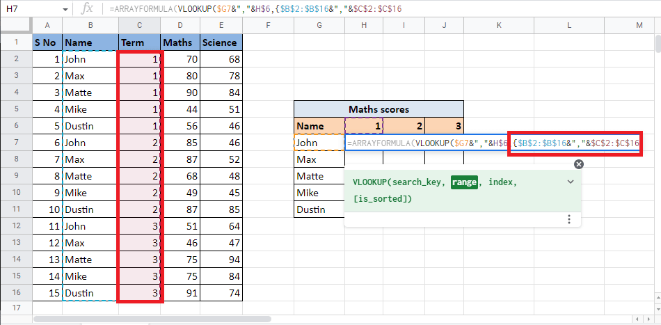 Agregue un separador (&”,”&) y seleccione la columna Término que combinaremos con la columna Nombre. Bloquee las celdas seleccionadas presionando la tecla F4 | Cómo VLOOKUP Múltiples Criterios y Columnas en Hojas de cálculo de Google