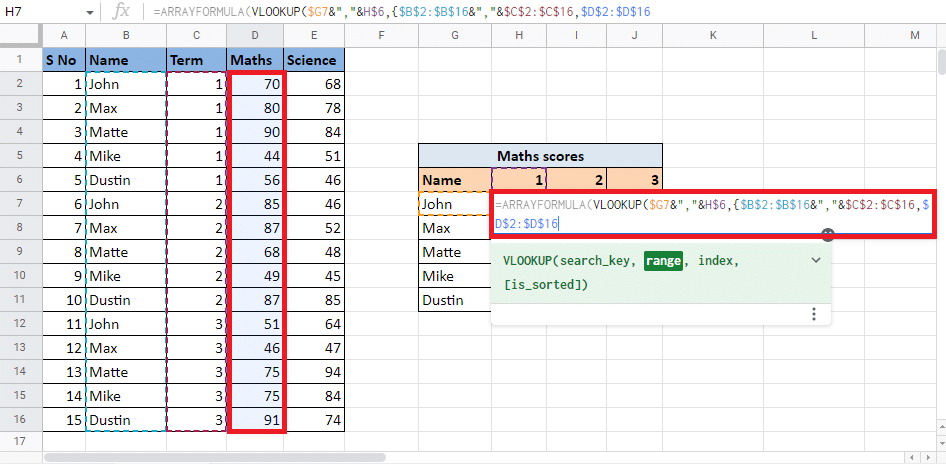 أضف فاصلة (،) وحدد العمود الثالث Maths الذي يعطي القيمة المستهدفة ويكمل النطاق