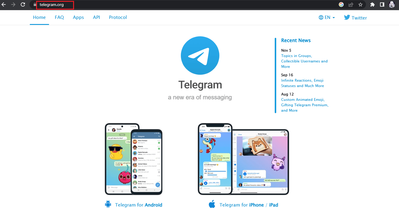 Pagina iniziale di Telegram