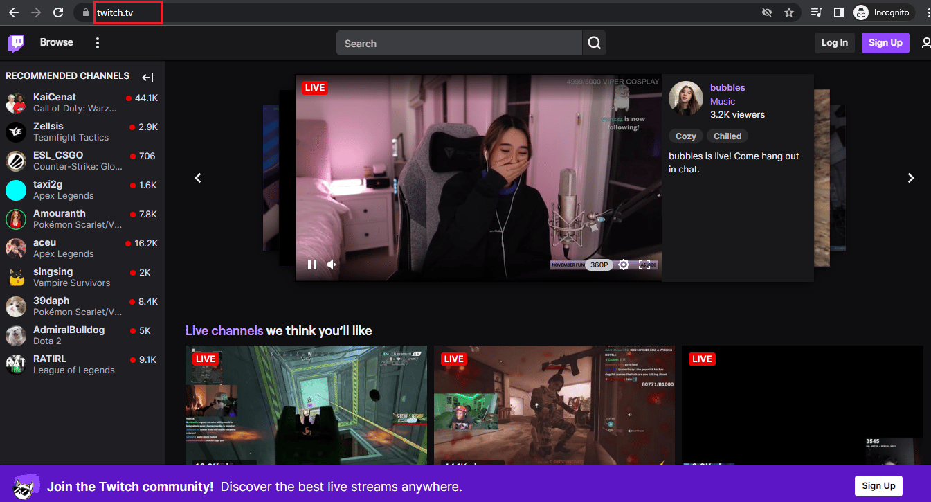 صفحة Twitch الرئيسية