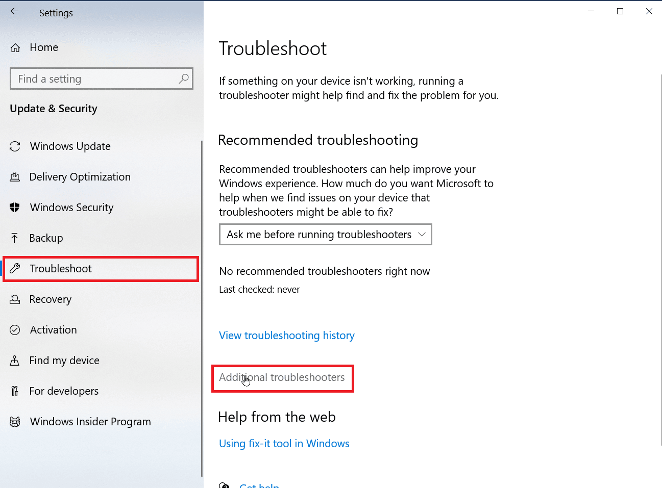 문제 해결 창에서 추가 문제 해결사를 클릭합니다. Microsoft IPP 클래스 드라이버가 색상을 제공하지 않고 그레이스케일만 제공하는 문제 수정