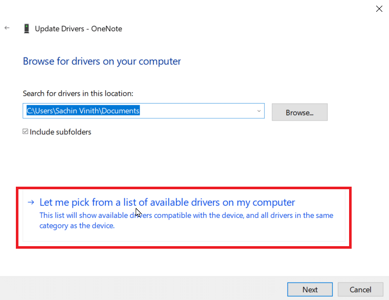 faceți clic pe permiteți-mi să aleg dintr-o listă de drivere disponibile pe computerul meu