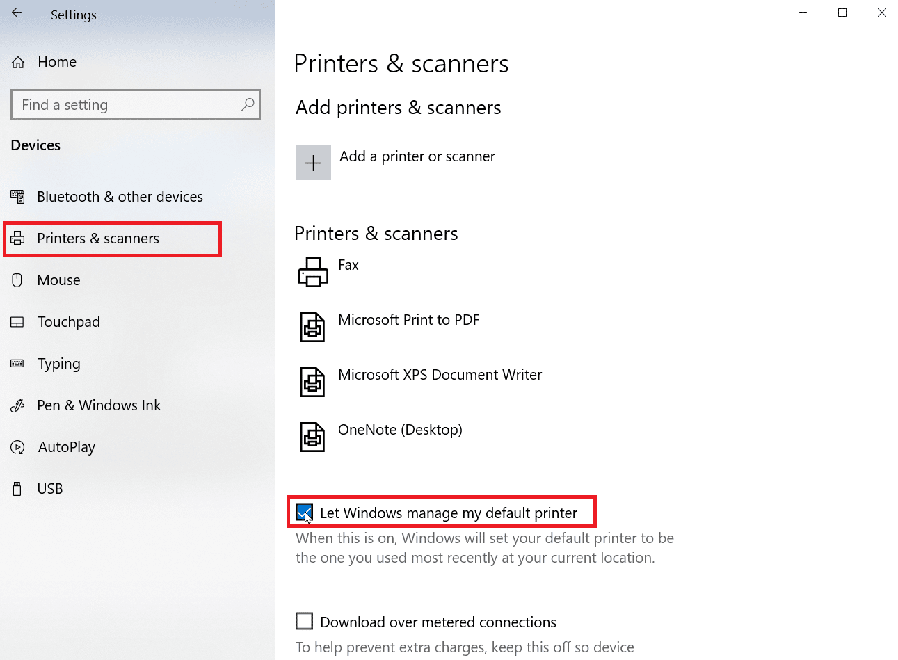 buka printer dan pemindai dan hapus centang biarkan windows mengelola printer default saya