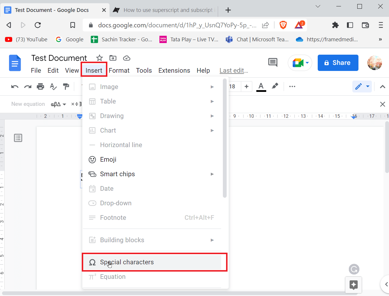 Pergi ke Sisipkan dan klik Karakter khusus. Cara Menambahkan Panah, Superskrip, dan Simbol di Google Docs