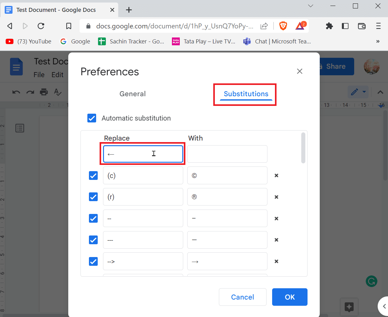 arahkan ke tab substitusi dan masukkan simbol pada tab ganti