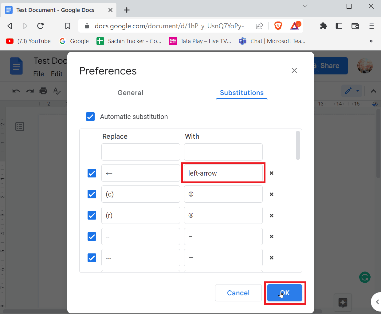 ingrese un acceso directo con la pestaña y haga clic en Aceptar