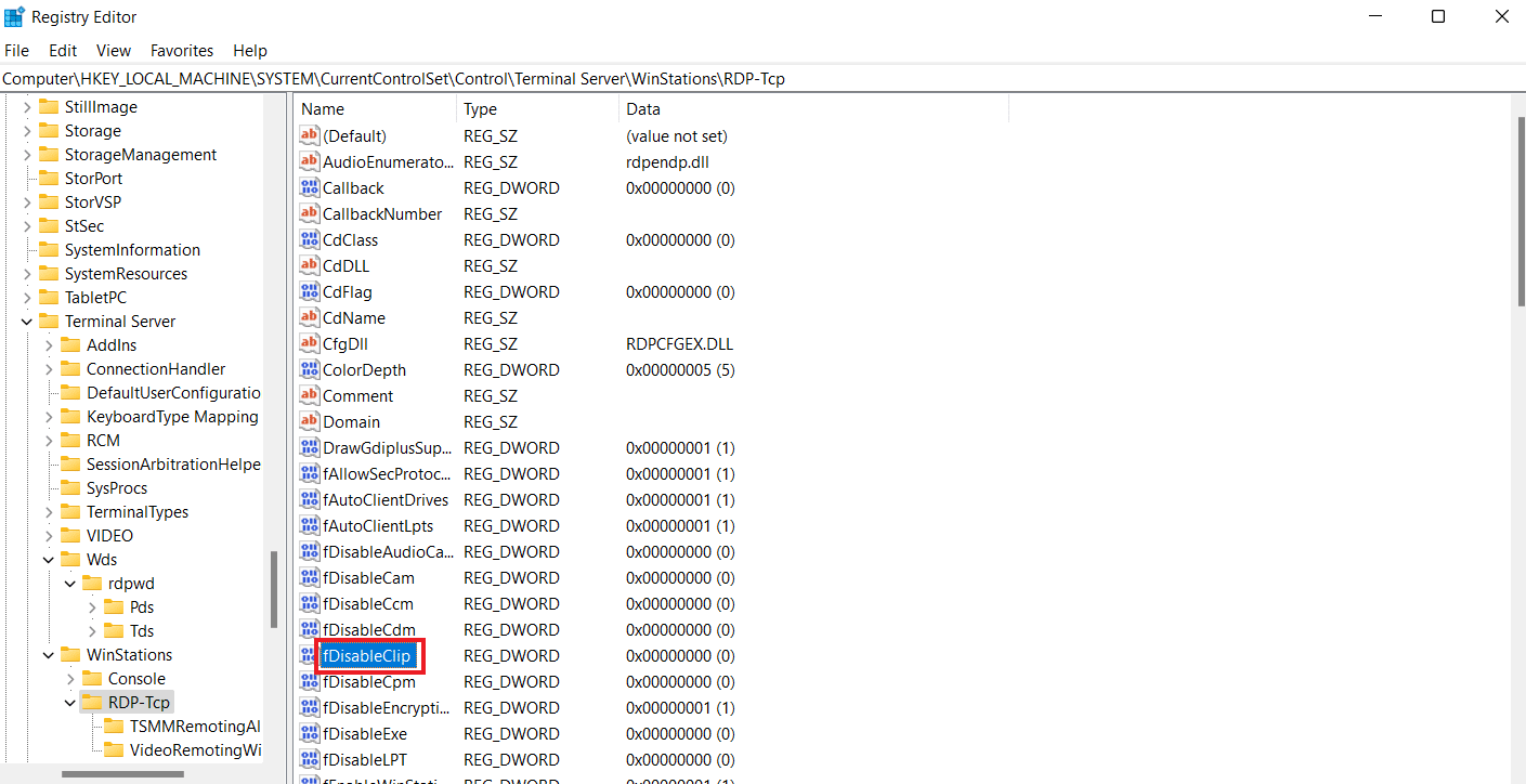 fDisableClip 값을 0으로 설정하고 확인을 클릭합니다. 원격 데스크톱 세션에 복사하여 붙여넣을 수 없는 문제 수정