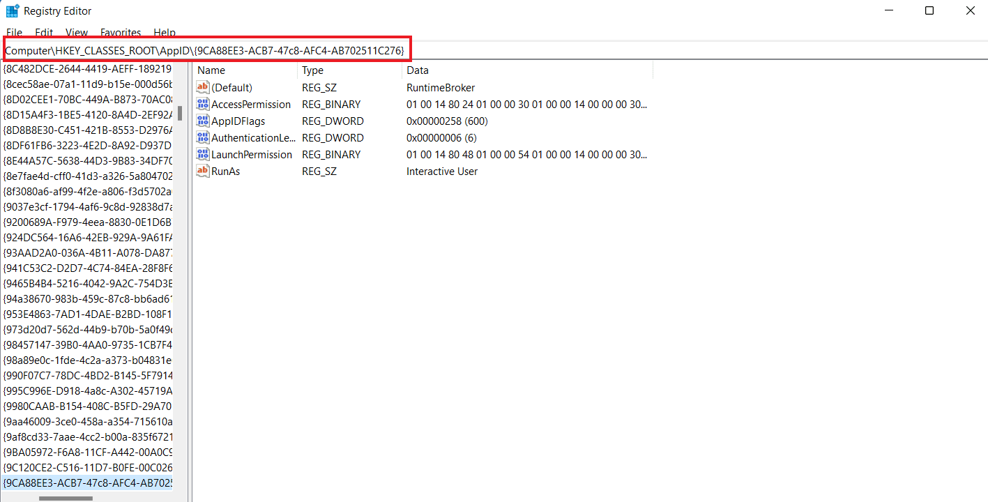 Navigați la Computer\HKEY_CLASSES_ROOT\AppID\{9CA88EE3-ACB7-47c8-AFC4-AB702511C276}