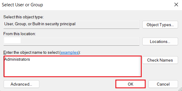 Tastați Administratori și faceți clic pe OK