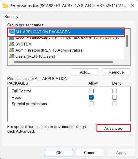 เลือก ALL APPLICATION PACKAGES และคลิกที่ Advanced แก้ไขข้อผิดพลาด D63B10C5 BB46 4990 A94F E40B9D520160