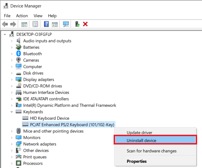 Clique com o botão direito do mouse nos drivers do teclado e selecione Desinstalar dispositivo