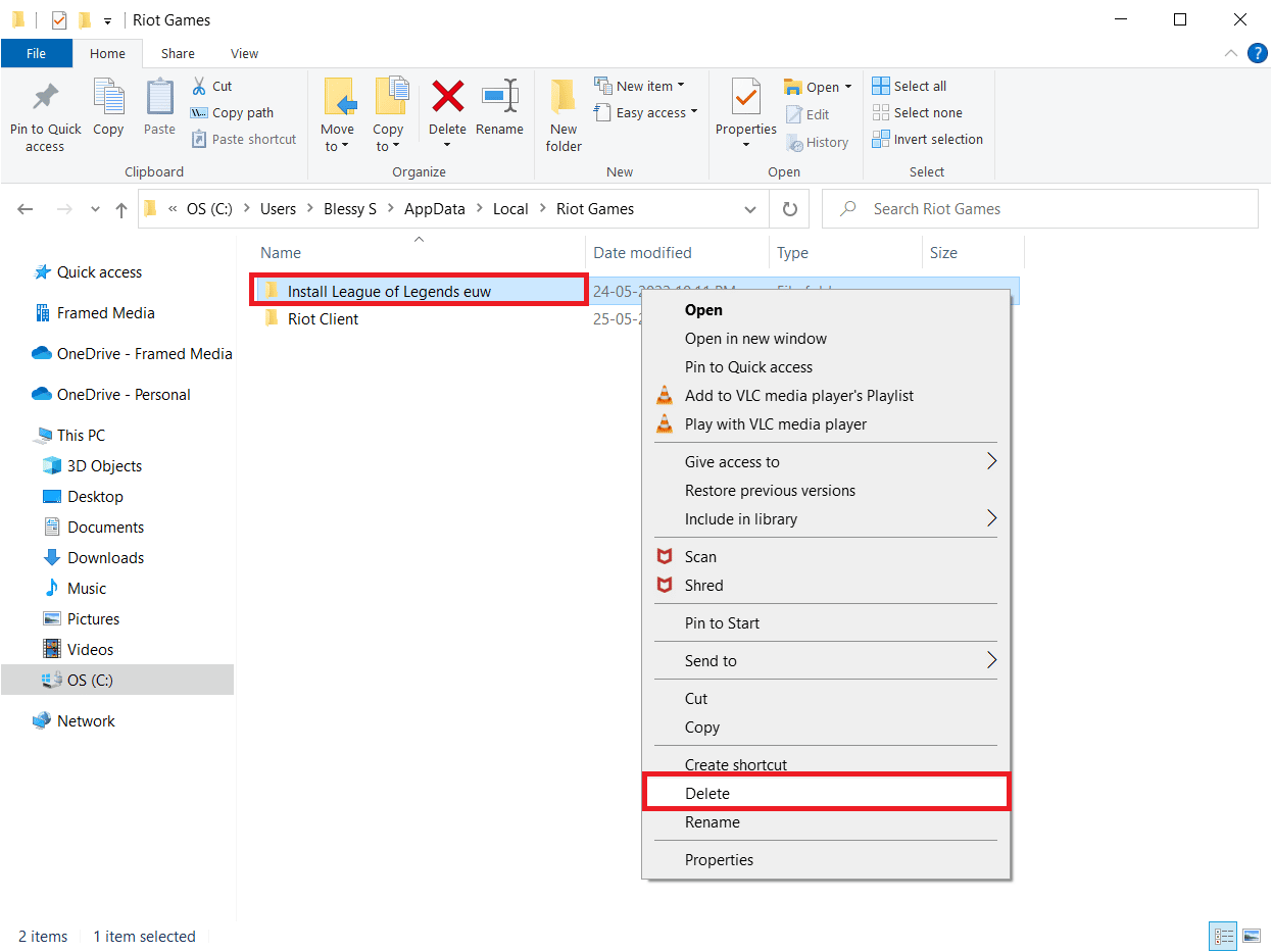 faceți clic dreapta pe folderul Install League of Legends euw și selectați Delete