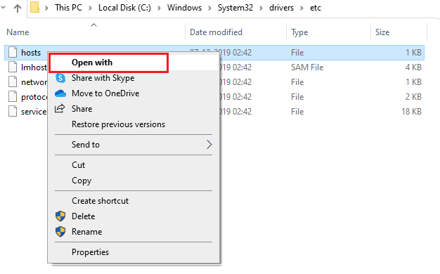 fare clic con il tasto destro sul file hosts e selezionare l'opzione Apri con