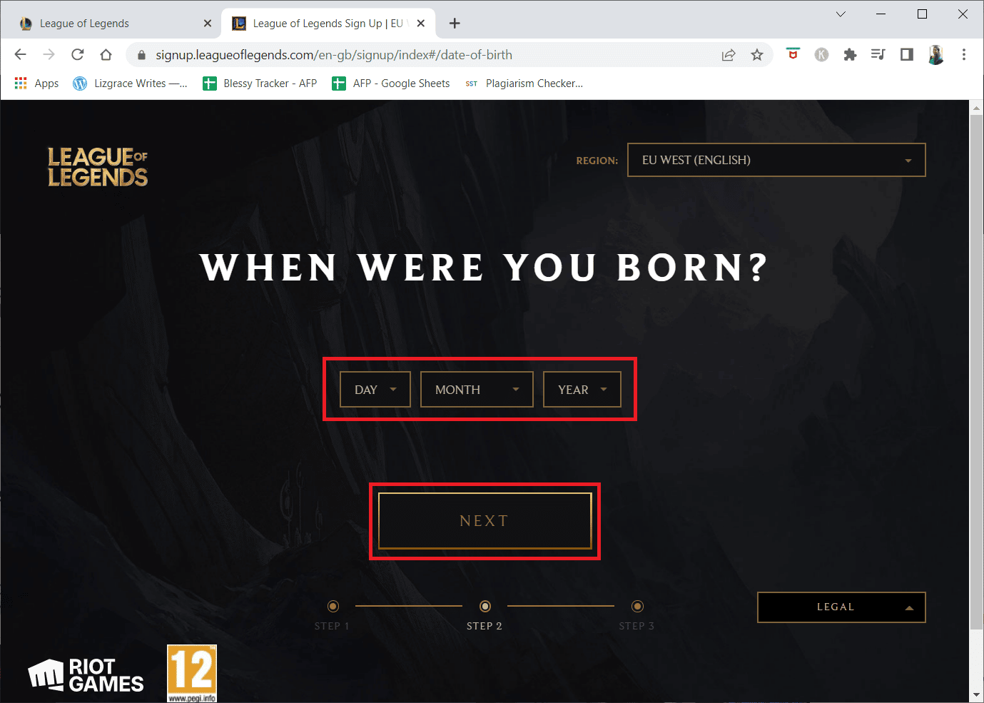 Seleziona la tua data di nascita nel passaggio successivo e fai clic su AVANTI | correggere l'errore 003 di League of Legends