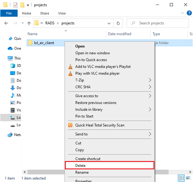 fare clic con il tasto destro sulla cartella lol_air_client e fare clic sull'opzione Elimina | Codice errore League of Legends 003