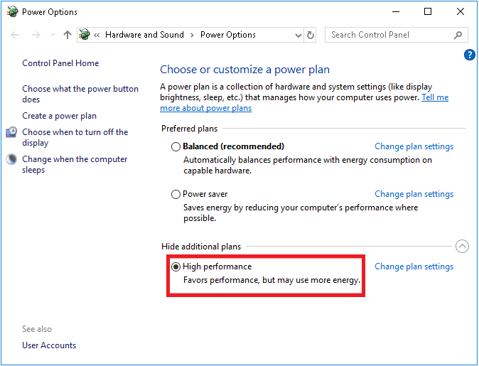 Yüksek ek planlar altında Yüksek performans seçeneğini belirleyin. Windows 10'da Forza Horizon 5 Kekemeliğini Düzeltin