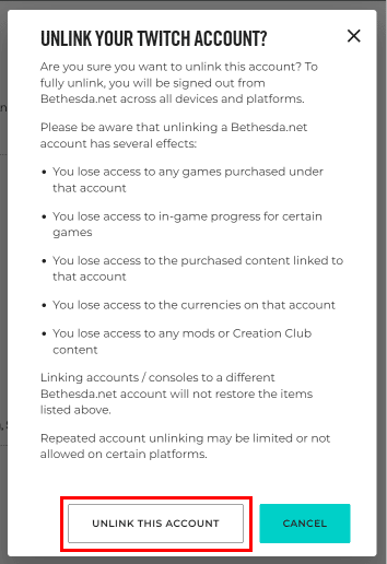 單擊取消鏈接此帳戶按鈕以取消 Bethesda 帳戶與所需服務的鏈接。 |更改貝塞斯達帳戶