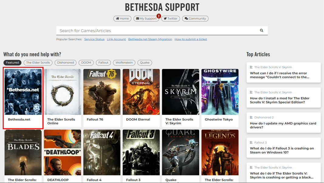 Nel centro di supporto, fai clic su Bethesda.net.