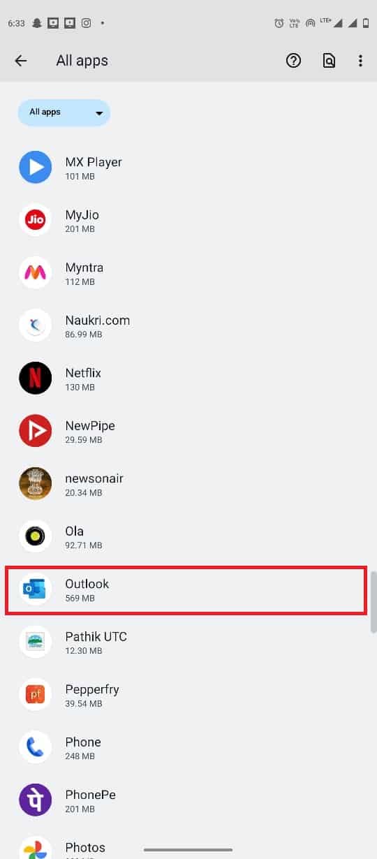 點擊查看所有應用程序，然後找到並點擊 Outlook | Android 上的 Outlook 應用程序日曆推送通知