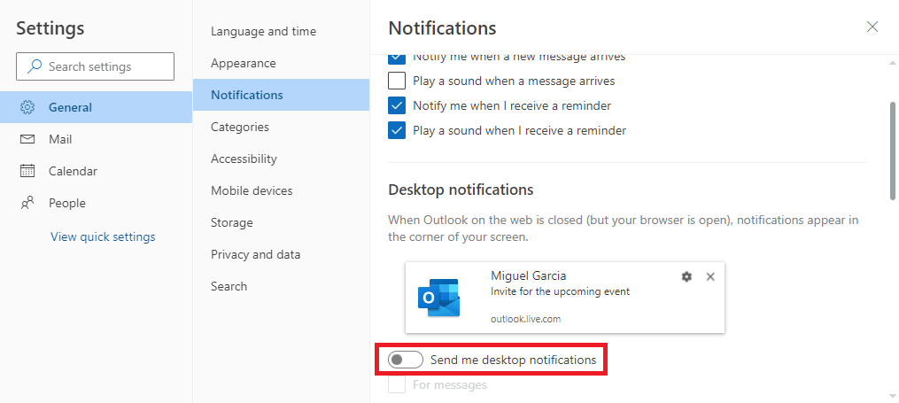 Localize e ative ou desative o botão de alternância Enviar-me notificações da área de trabalho | Notificações por push do calendário do aplicativo Outlook no aplicativo da Web para desktop