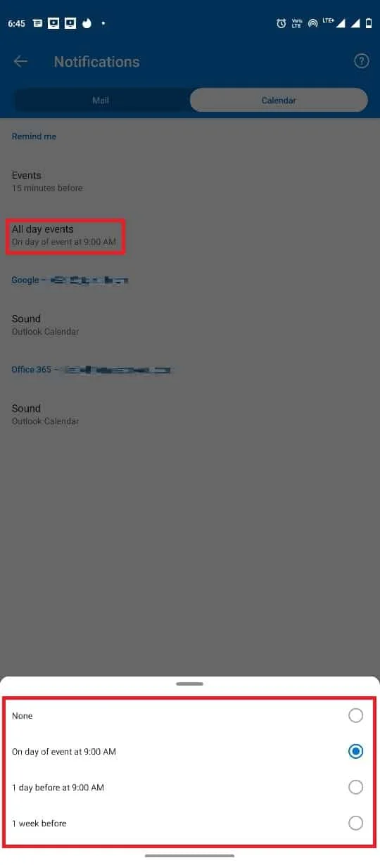 toque em Eventos de dia inteiro e selecione uma das opções disponíveis | Notificações por push do calendário do aplicativo Outlook no Android