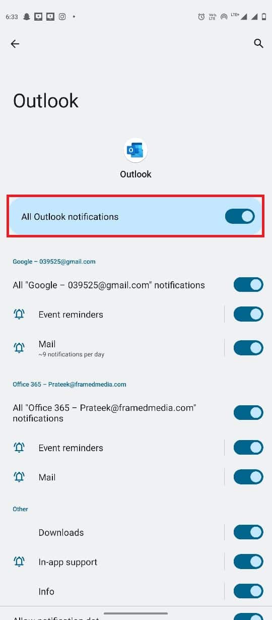 localize a opção Todas as notificações do Outlook e ative ou desative | Notificações por push do calendário do aplicativo Outlook no Android