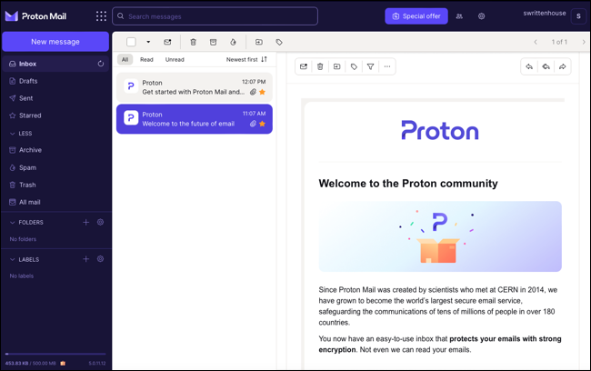 Web'de ProtonMail gelen kutusu